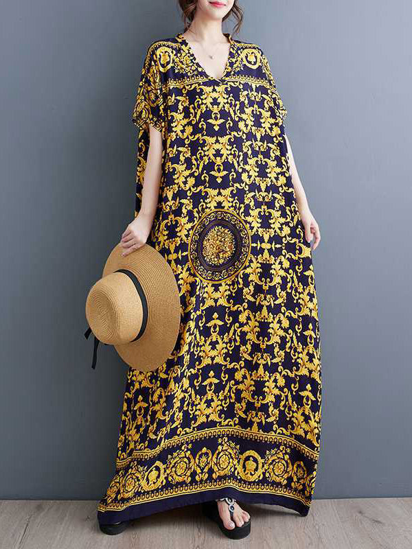 A-line Batwing Sleeves Printed V-neck Maxi Dresses
