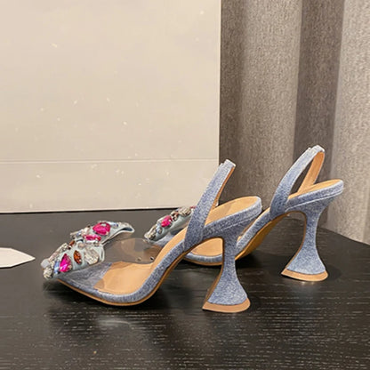 Design Gem Bowknot Pumps Pointed Toe Blue Denim High Heels Shoes Pvc Transparent Sandal