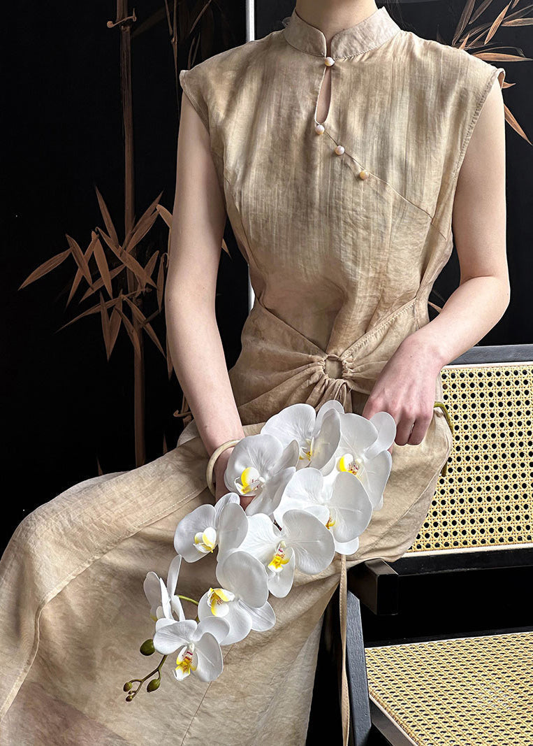 Khaki Drawstring Silk Cotton Long Dresses Stand Collar Sleeveless Af1031