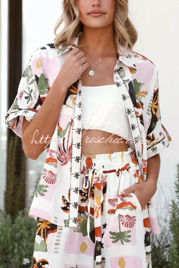 Holiday Style Holiday Print Short-sleeved Shirt and Elastic Waist Loose Pocket Wide-leg Pants Set