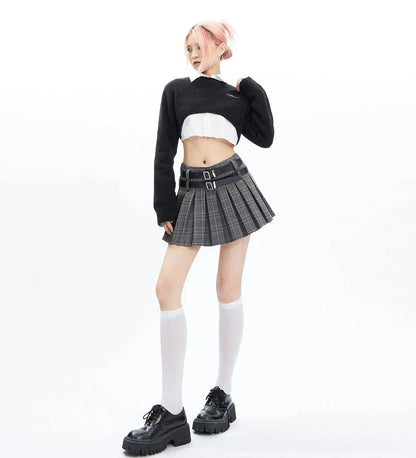 Plaid Double-belt Pleated Skirt