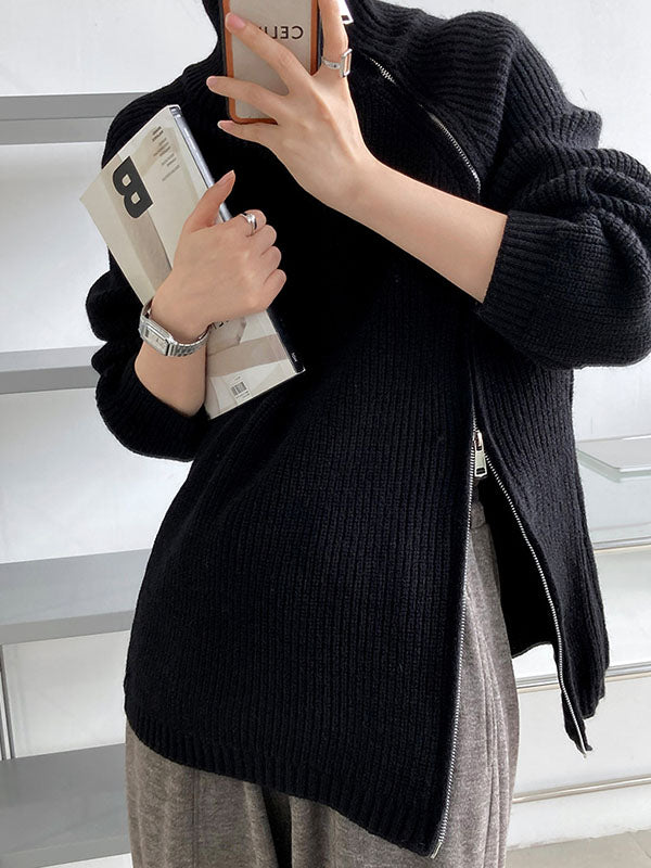 Urban Grey Halter-neck Split-side Zip-up Long Sleeve Sweater An1033