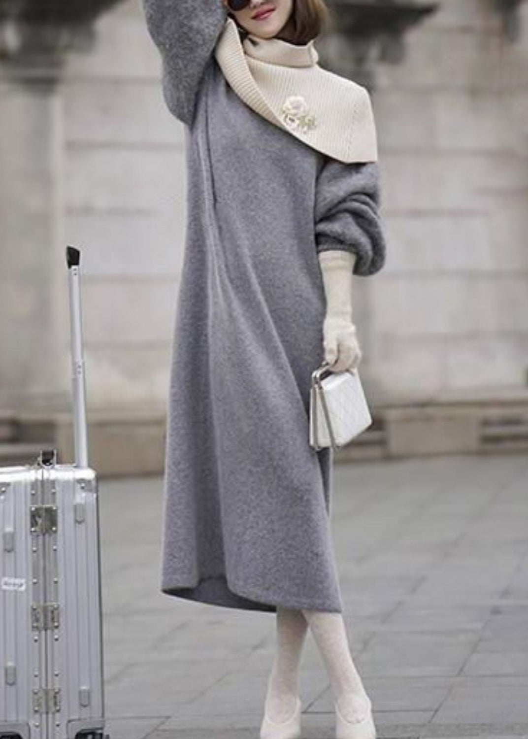 Italian Grey O Neck Woolen Sweater Dress Lantern Sleeve Wv019
