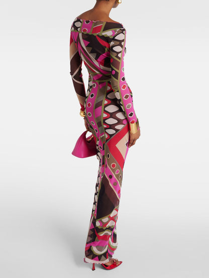 Retro Personality Abstract Print Hip-wrapped Maxi Dress