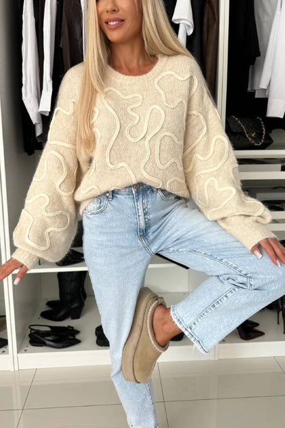 Mood Knit Contrast Color Sewing Line Pattern Loose Sweater