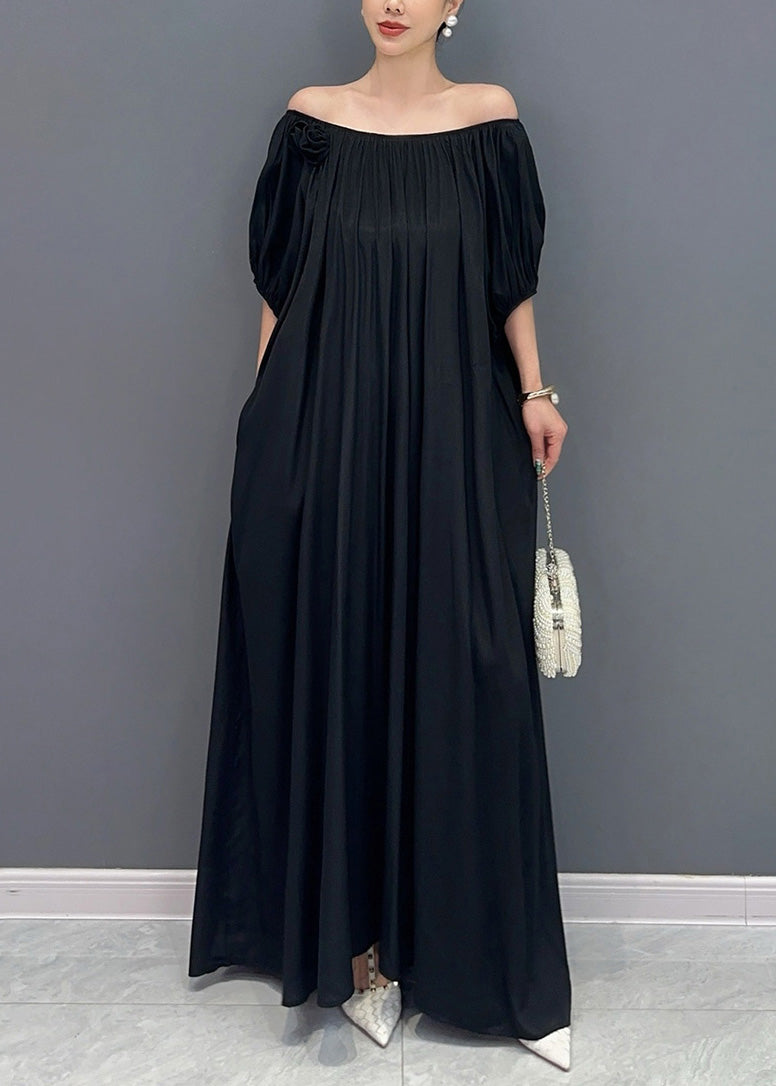 Simple Black Cold Shoulder Slash Neck Cotton Long Dress Summer Ao1015