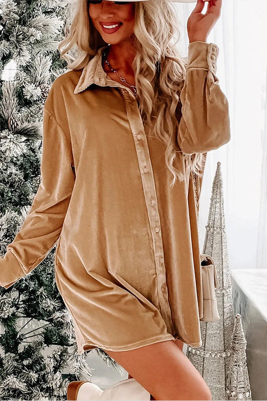 Flaxen Velvet Button Front Shirt Mini Dress