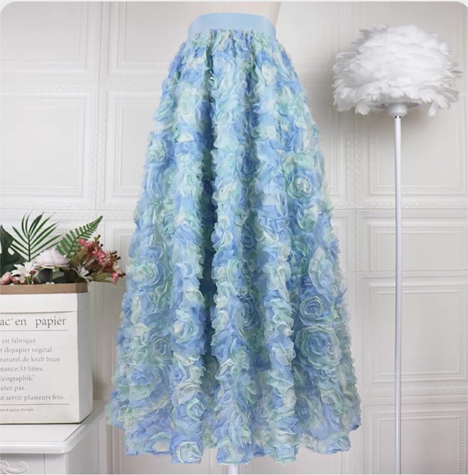 Sakura Gradient Pink Embroidered Elastic Waist Tulle Maxi Skirt