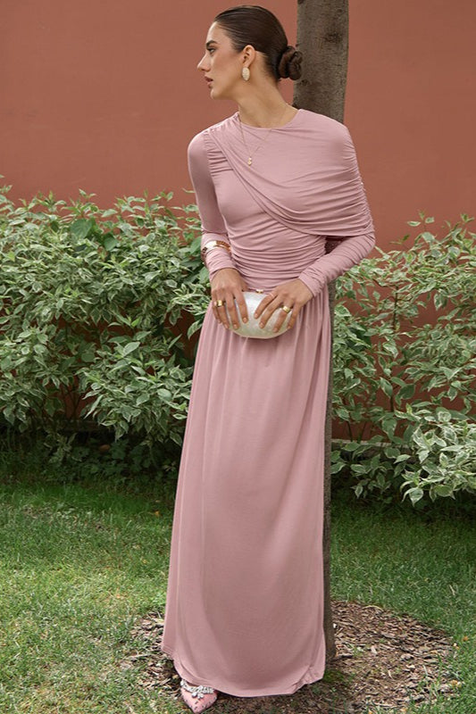Ruched High Waist Long Sleeve Maxi Dress