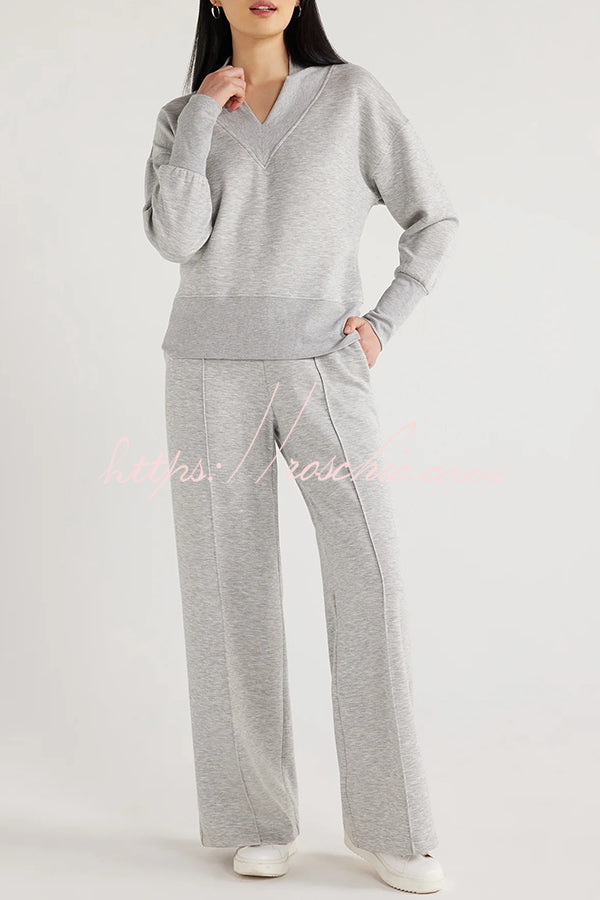 Weather Gets Cold Color V-neck Top and Elastic Waist Pocketed Lounge Pants Set