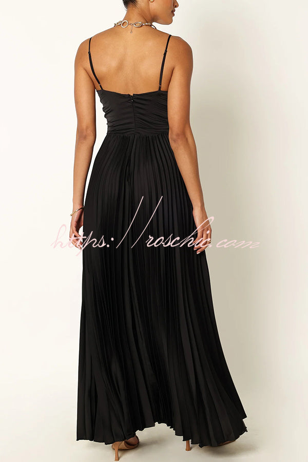 Catch the Light Satin Pleated V-neck Slip Maxi Dress