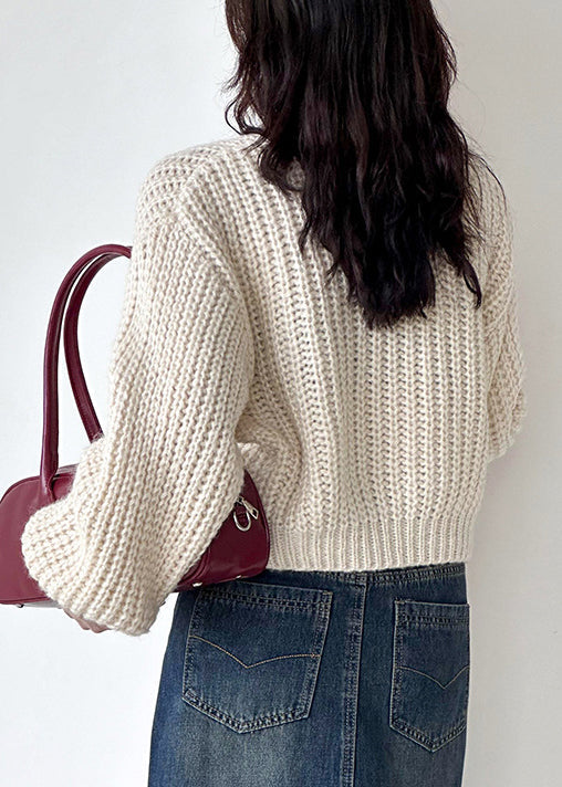 Beige Button Cotton Knit Cardigan O Neck Long Sleeve Af1035