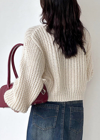 Beige Button Cotton Knit Cardigan O Neck Long Sleeve Af1035