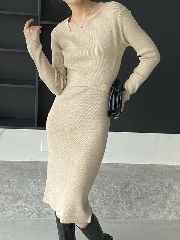 Simple Skinny Long Sleeves Color Square-neck Sweater Dresses