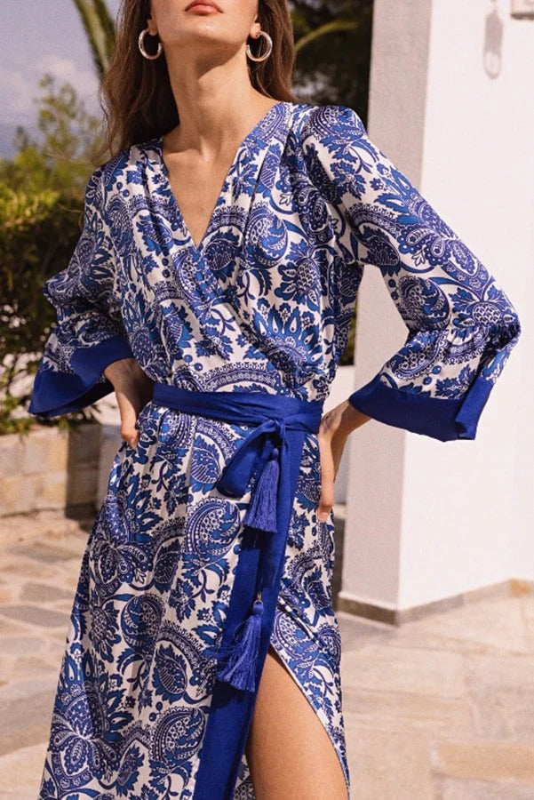 Greek Island Satin Unique Print Tassel Belted Wrap Maxi Dress