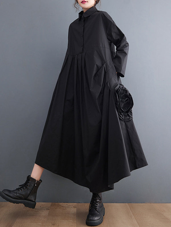 Urban Applique Pleated Long Sleeves Shirt Dress Midi Dress