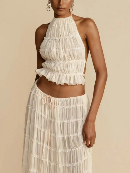 Versatility and Charm Pleated Drawstring Waist Tiered Maxi Skirt
