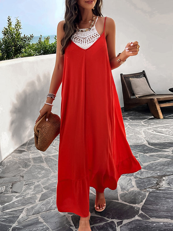 Loose Sleeveless Pleated Color Split-joint Spaghetti-neck Maxi Dresses
