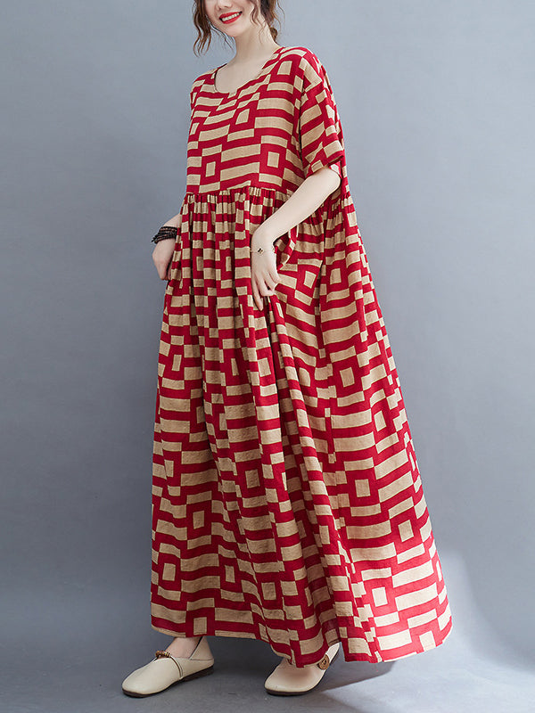 Loose Short Sleeves Plaid Round-neck Midi Dresses