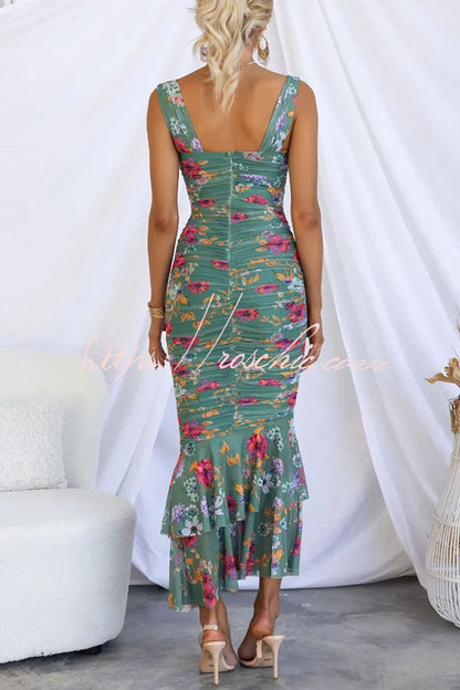Styled to Perfection Ruched Mesh Overlay Ruffle Hem Maxi Dress