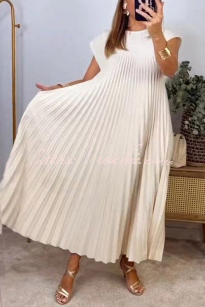 Color Round Neck Sleeveless Pleated Large Hem Maxi Dress