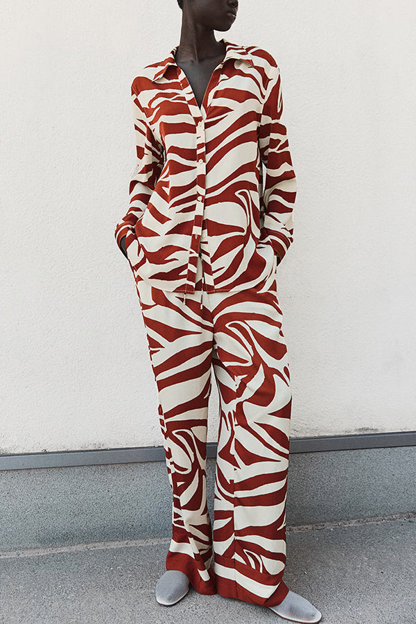 Unique Print Lapel Long Sleeve Loose Shirt and Elastic Waist Pocket Wide Leg Pants Set