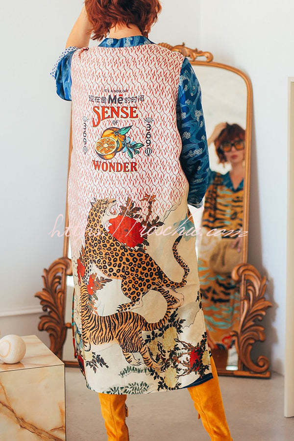 Tropical Jungle Tiger Unique Print Long Sleeve Belt Pocketed Kimono Coat