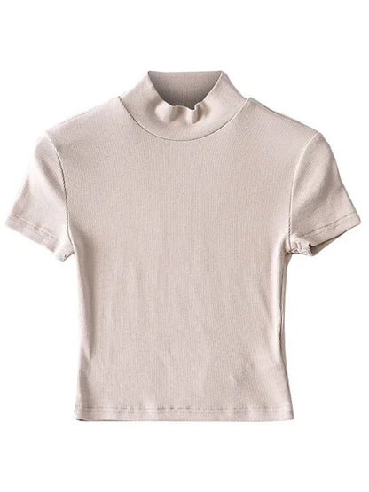 High Neck Fitted Short Sleeve T-shirt Rib Crop Rib Top