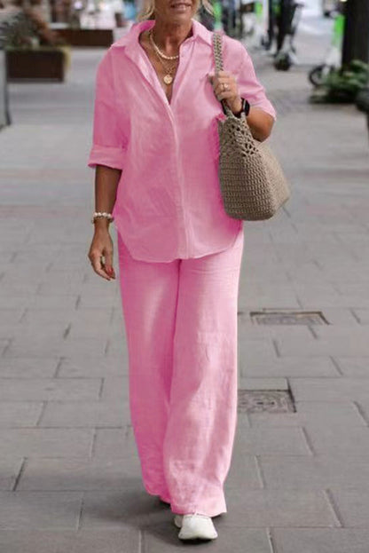 Color Long-sleeved Shirt and Elastic Waisted Loose Wide-leg Pants Set