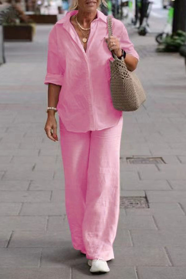 Color Long-sleeved Shirt and Elastic Waisted Loose Wide-leg Pants Set