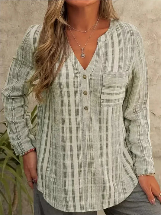 Spring Autumn Style Blouses Shirts Lady Long Sleeve V-neck Striped Printed Blusas Tops Df5008
