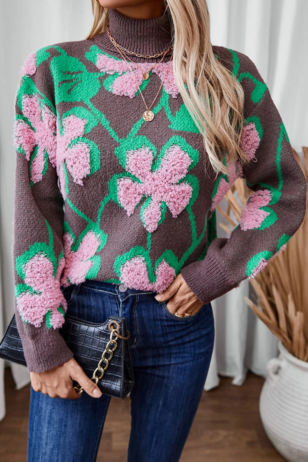 Pink Plush Collar Loose Pullover Sweater
