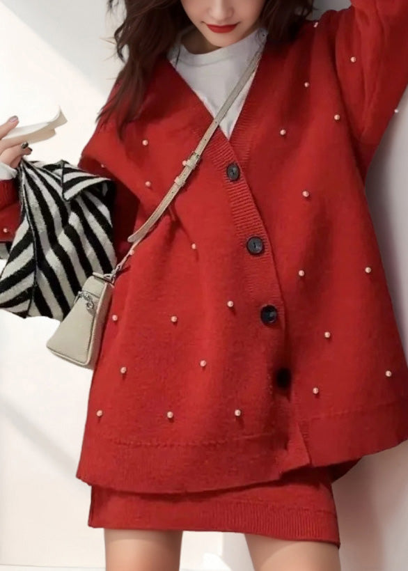 Red V Neck Nail Bead Cotton Knit Cardigan and Skirts Two Pieces Set Winter Wv001