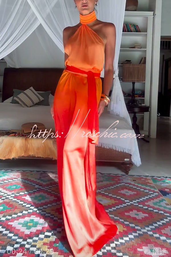 Chase the Sun Gradient Print High Neck Backless Tie-up Maxi Dress