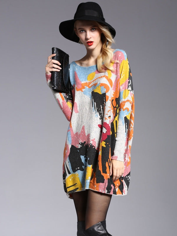 Wool Blend Contrast Color Printed Sweater