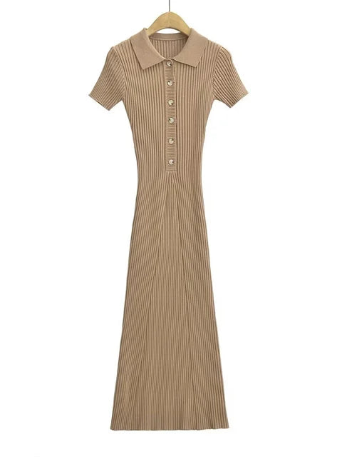 Ribbed High Waist Slim Maxi Dress for Knitwear Lapel Party Dress Gown Short Sleeve Knit Dress