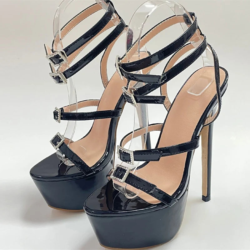 Liyke Runway Style High Heels Platform Sandals – Open Toe Crystal Buckle Stiletto Wedding Stripper Shoes