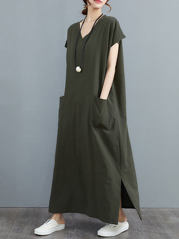 Simple Ramie Cotton Color Split-side With Pocket V-neck Short Sleeves Maxi Dress
