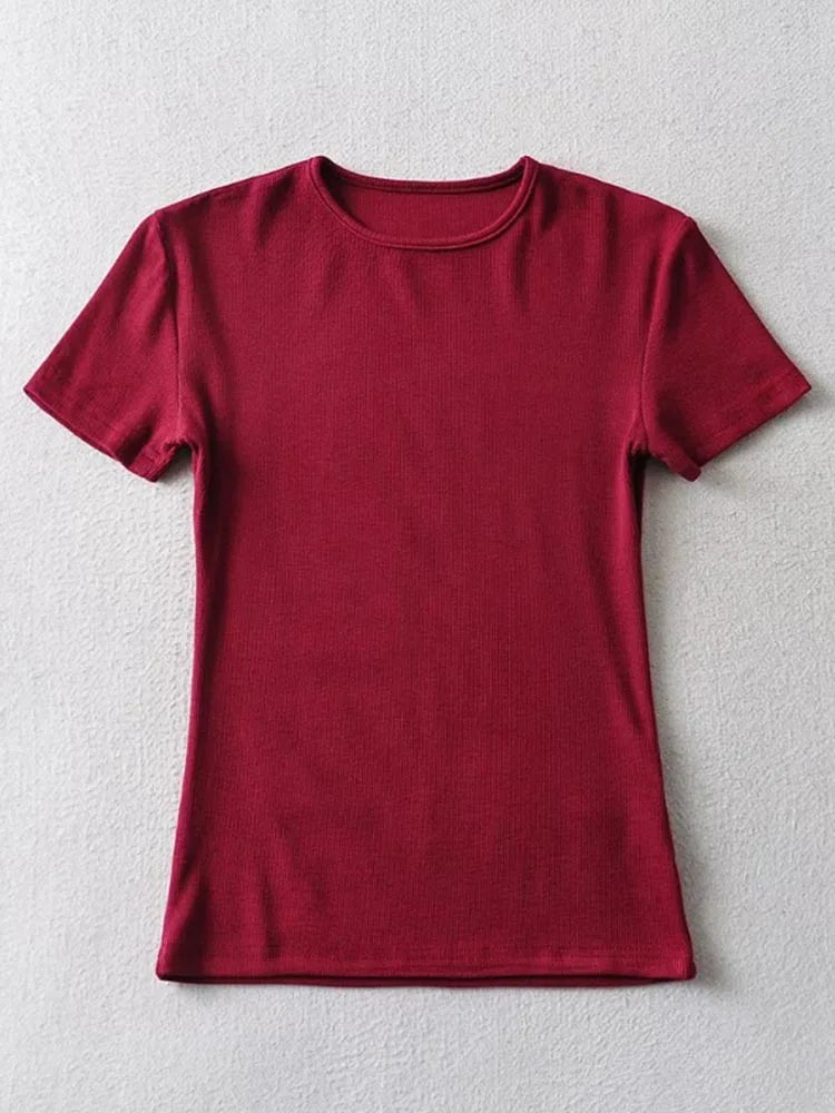 Summer Woman Skinny Fit T-shirt Tight Short-sleeve O-neck Tee Basic Crop Tops T Shirt
