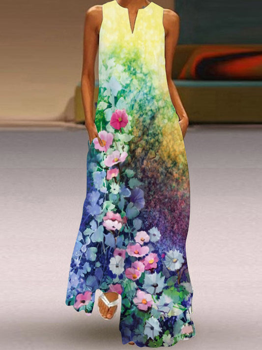 A-line Loose Flower Print Round-neck Maxi Dresses