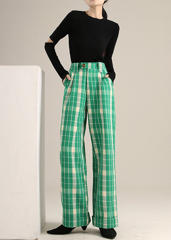 Green Plaid High Waist Straight Pants Spring Tt1019