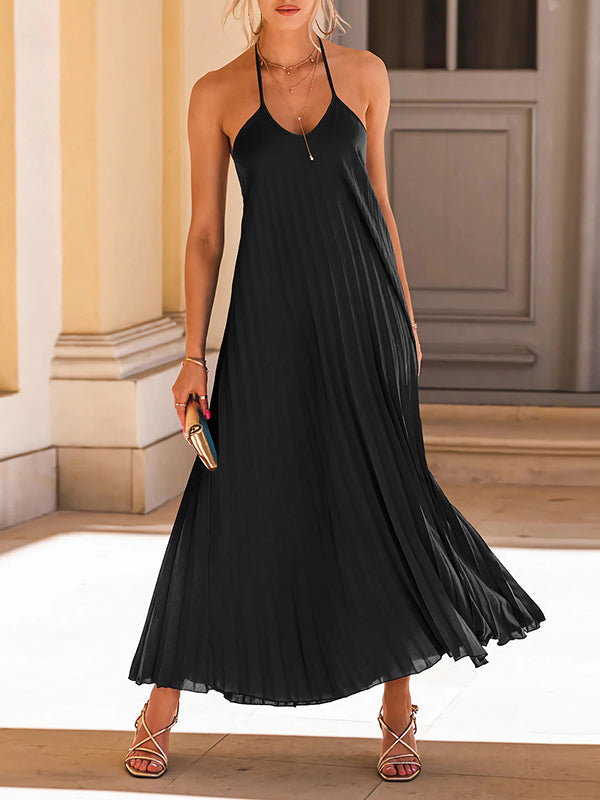 A-line Loose Backless Pleated Color Tied Spaghetti-neck Maxi Dresses