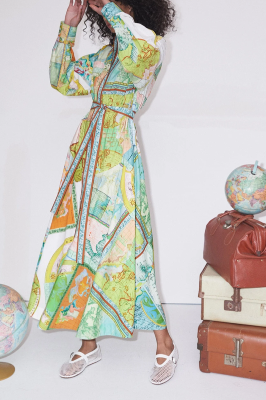Travel Around the World Unique Print Balloon Sleeve Belt Shirt Midi Dress