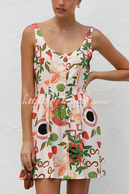 Botanical Print Sleeveless Button-down Mini Dress