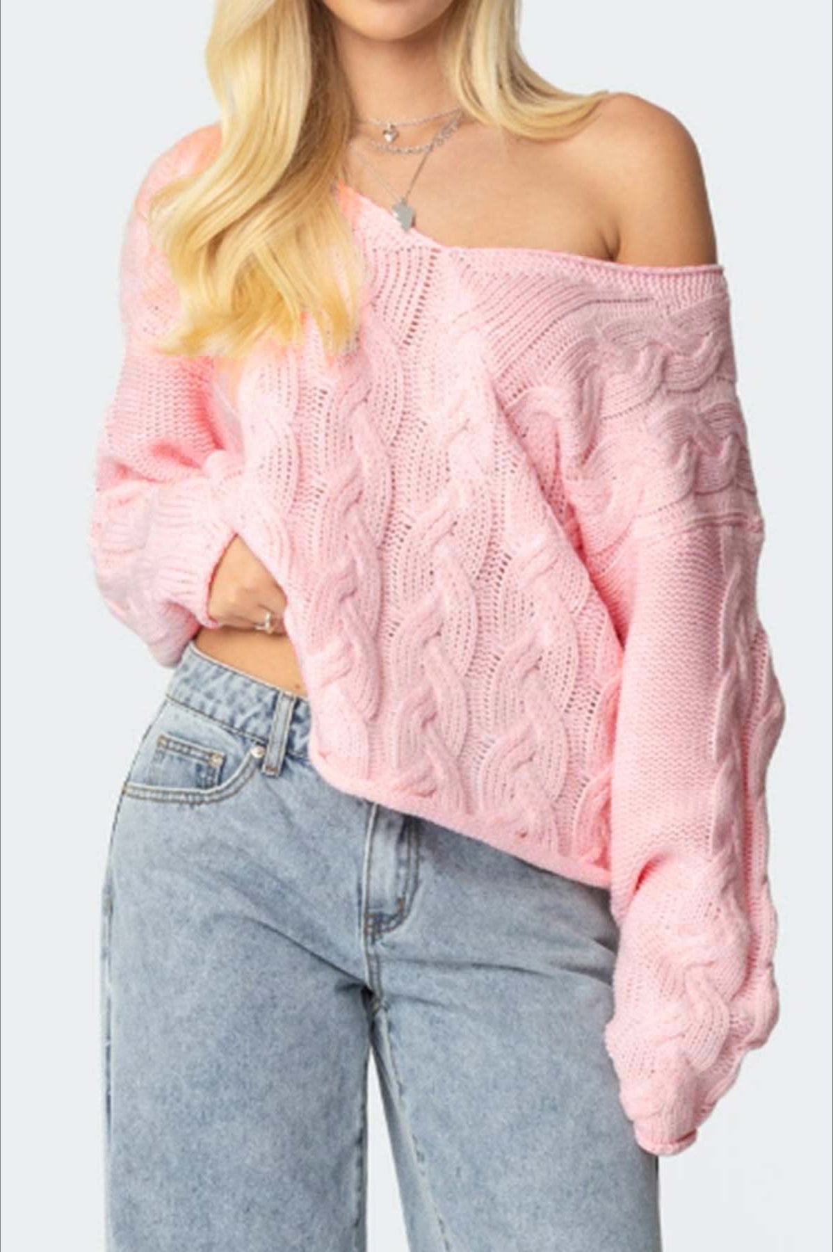 Color V-neck Cable-knit Loose Sweater