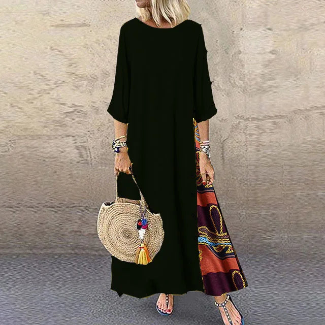 Cotton Linen Long Dresses Three Quarter Sleeves Splicing Print Loose A-line Dress Lady Maxi Vestido