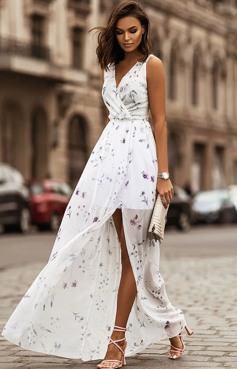 Chiffon Flowers Print Long Dresses V-neck Backless Leace-up Slit Dress Temperament Lady Commuting Vestidos