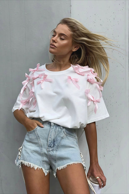 Bowknot Ribbon Loose Short Sleeve T-shirt