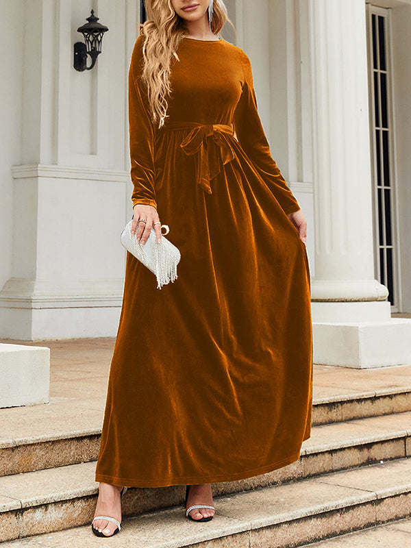 Long Sleeves Wrap Belted Pleated Color Zipper Round-neck Maxi Dresses
