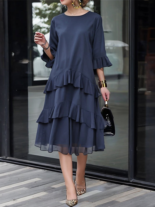 Half Sleeves Loose Layered Ruffle Trim Color Zipper Round-neck Midi Dresses